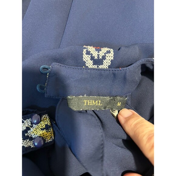 THML Maxi Dress Cross Stitch Mock Collar Blue Size M Beautiful - Picture 7 of 10